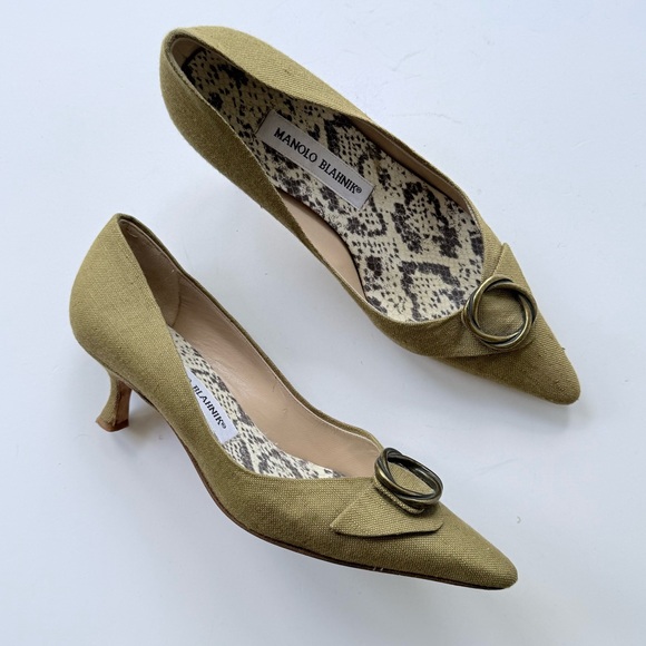 Vintage Manolo Blahnik Kitten Heel Olive / Khaki Textile Fabric Pumps Size 36.5 - Picture 1 of 16